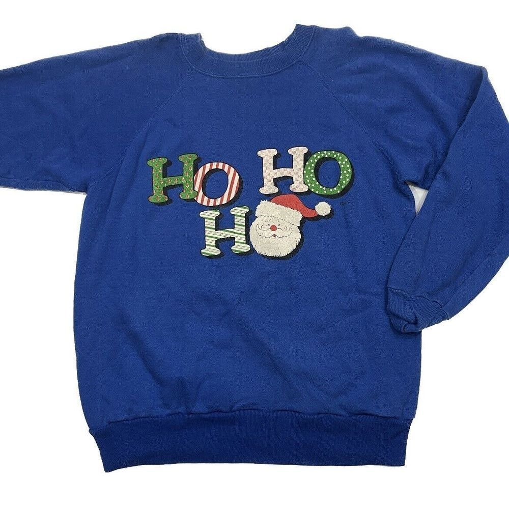 Vintage 90s Pannill Sweatshirt Womens L Blue Holiday Santa Christmas Made in USA